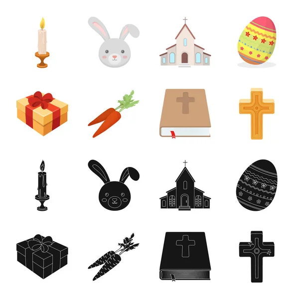 Croix, bible, cadeau et carottes.Ensemble de Pâques collection icônes en noir, dessin animé style vectoriel symbole illustration web . — Image vectorielle