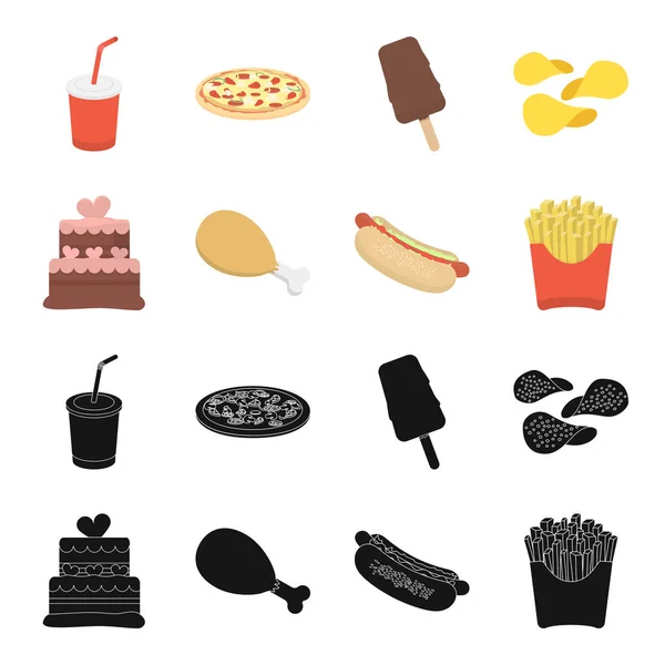 Κέικ, ζαμπόν, χοτ-ντογκ, τηγανιτές πατάτες. Fast food που συλλογή εικονιδίων στο μαύρο, καρτούν στυλ διάνυσμα σύμβολο απόθεμα ενδεικτικά web. — Διανυσματικό Αρχείο