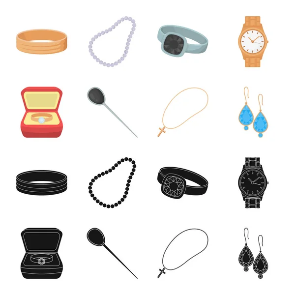 Ring in een geval, haar clips, oorbellen met stenen, een kruis op een ketting. Sieraden en accessoires instellen collectie iconen in zwart, cartoon stijl vector symbool stock illustratie web. — Stockvector