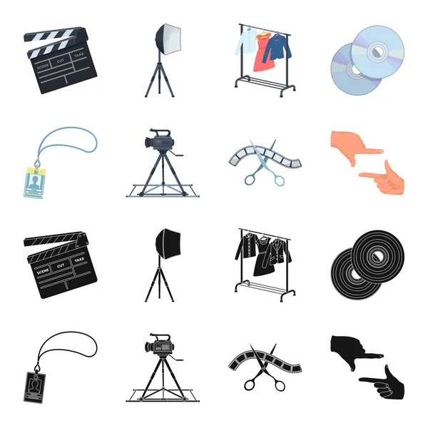 Badge, geste de l'opérateur et autres accessoires pour le film. Créer des icônes de collection de décors de film en noir, dessin animé style vectoriel symbole illustration web . — Image vectorielle