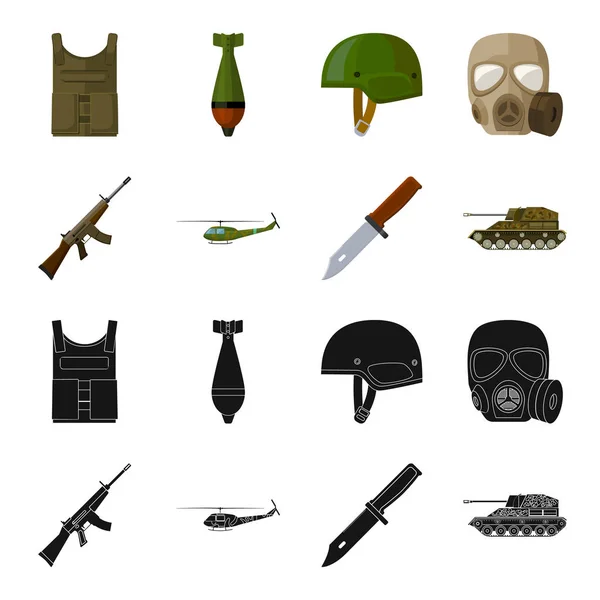 Штурмовая винтовка М16, вертолет, танк, боевой нож. Военные и армия набор иконки коллекции в черном, мультфильм стиле векторные символы фонда иллюстрации веб . — стоковый вектор