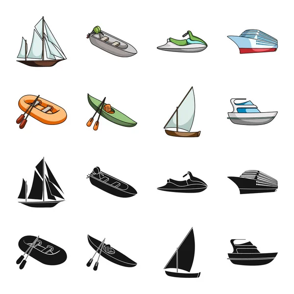 釣りボート、オールでカヤック、釣りのスクーナー船、モーター ヨット ゴム。船舶と水運は黒、漫画スタイルのベクトル シンボル ストック イラスト web でコレクションのアイコンを設定. — ストックベクタ