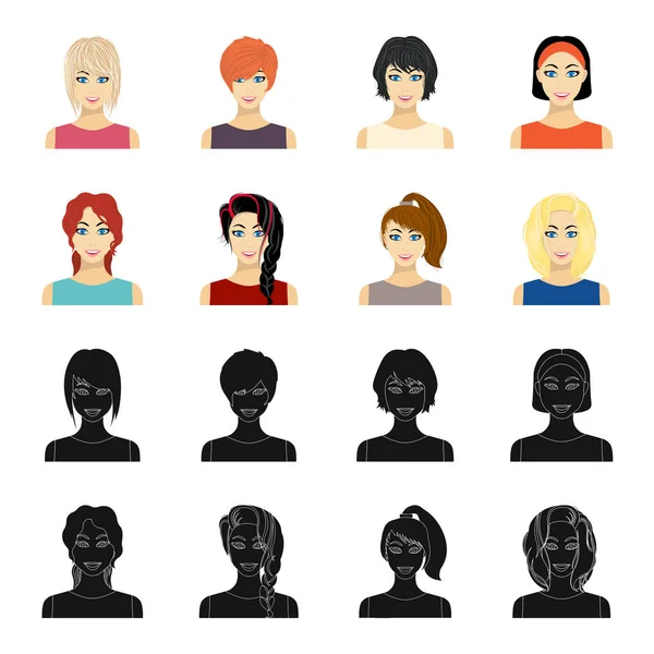 Types of female hairstyles black, cartoon icons in set collection for design. Внешний вид веб-иллюстрации женского векторного символа . — стоковый вектор