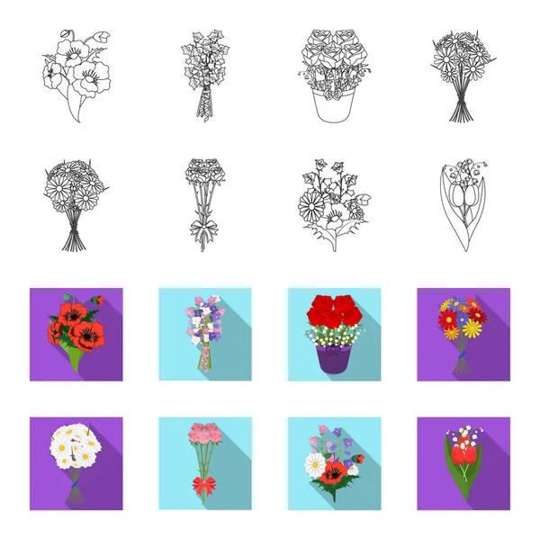 新鮮な花の輪郭の花束、フラット アイコン セットのデザインのコレクション。様々 な花束ベクトル シンボル ストック web イラスト. — ストックベクタ
