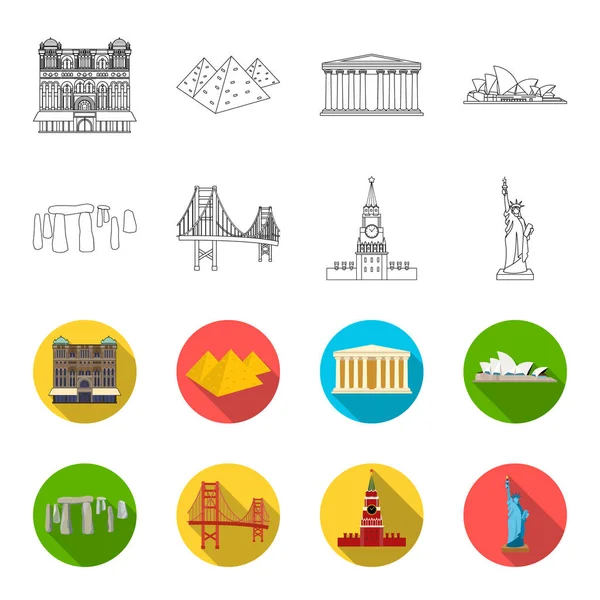 Visites de différents pays contour, des icônes plates dans la collection ensemble pour le design. Célèbre bâtiment vectoriel symbole stock web illustration . — Image vectorielle