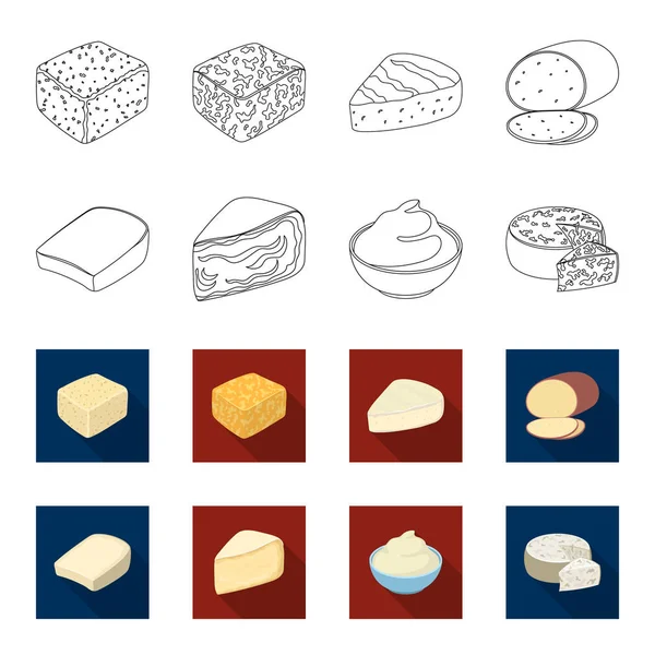 Gruyere, camembert, mascarpone, gorgonzola.Different tipos de ícones de coleção de conjunto de queijo em esboço, estilo plano símbolo vetorial estoque ilustração web . — Vetor de Stock