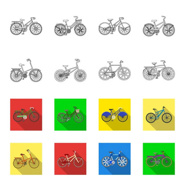 Kinderfahrrad und andere Arten. Verschiedene Fahrräder setzen Sammlungssymbole in Umrissen, flacher Stil Vektor Symbol Stock Illustration Web. — Stockvektor