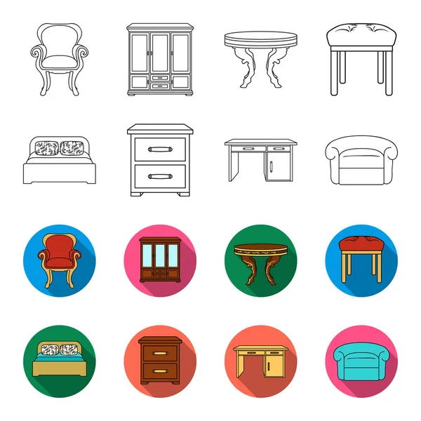 İç, tasarımı, yatak, yatak odası. Mobilya ve ev interiorset toplama simgeler anahat, düz stil vektör simge stok çizim .
