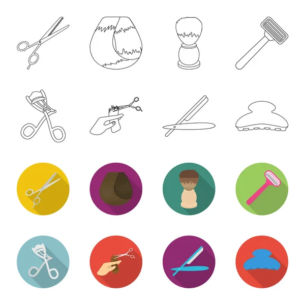 Tijeras, cepillo, maquinilla de afeitar y otros equipos. Peluquería conjunto colección iconos en el contorno, plano estilo vector símbolo stock ilustración web . — Vector de stock