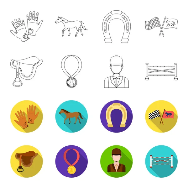 Saddle, medal, champion, winner .Hippodrome and horse set collection icons in outline,flat style vector symbol stock illustration web. — Stock Vector