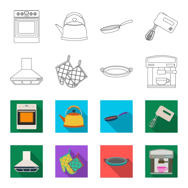 Kuchnia wyposażenie konspektu, płaskie ikony w kolekcja zestaw do projektowania. Kuchnia i akcesoria symbol web czas ilustracja wektorowa. — Wektor stockowy