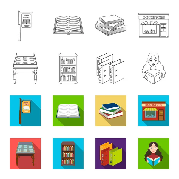 Esquema de biblioteca y librería, iconos planos en la colección de conjuntos para el diseño. Libros y mobiliario vector símbolo stock web ilustración . — Archivo Imágenes Vectoriales