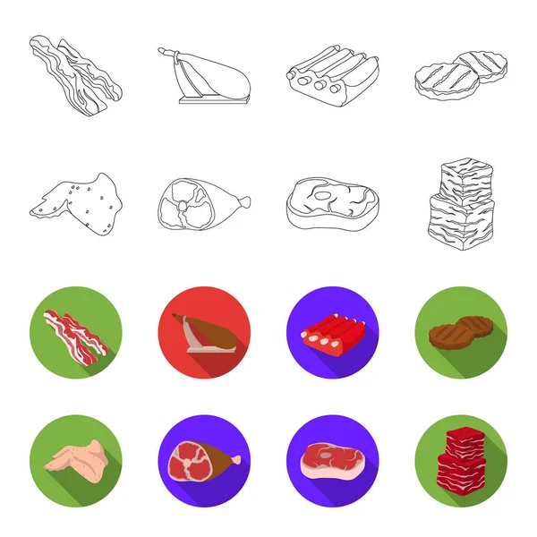 Alitas de pollo, jamón, filete crudo, cubitos de ternera. Carne conjunto colección iconos en el contorno, plano estilo vector símbolo stock ilustración web . — Vector de stock