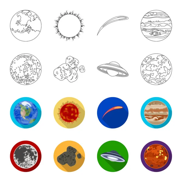 Lua, Vénus do planeta do sistema solar. Nil, um meteorito. Planetas conjunto coleção ícones em esboço, estilo plano símbolo vetorial ilustração web . — Vetor de Stock