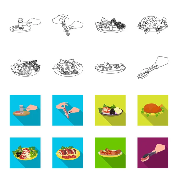 Pollo frito, ensalada de verduras, shish kebab con verduras, salchichas fritas en un plato. Comida y cocina conjunto colección iconos en el contorno, plano estilo vector símbolo stock ilustración web . — Archivo Imágenes Vectoriales