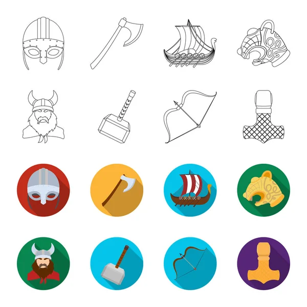 Vikingo en casco con cuernos, maza, arco con flecha, tesoro. Vikingos conjunto de iconos de colección en el contorno, plano estilo vector símbolo stock ilustración web . — Vector de stock