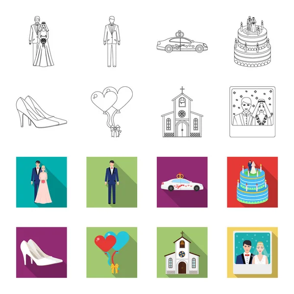 Casamento e Atributos esboço, ícones planos em coleção de conjuntos para design.Newlyweds e Acessórios símbolo vetorial web ilustração . — Vetor de Stock