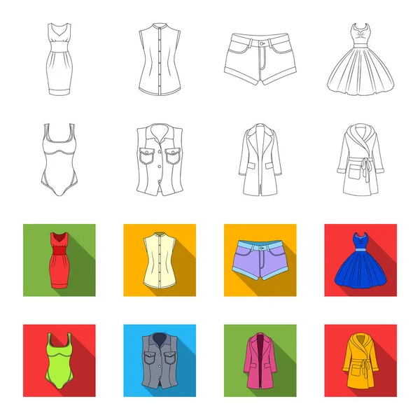 Γυναικεία ρούχα περίγραμμα, επίπεδη εικονίδια στη συλλογή σετ για σχεδιασμό. Ποικιλίες ρούχα και αξεσουάρ σύμβολο μετοχής web εικονογράφηση διάνυσμα. — Διανυσματικό Αρχείο