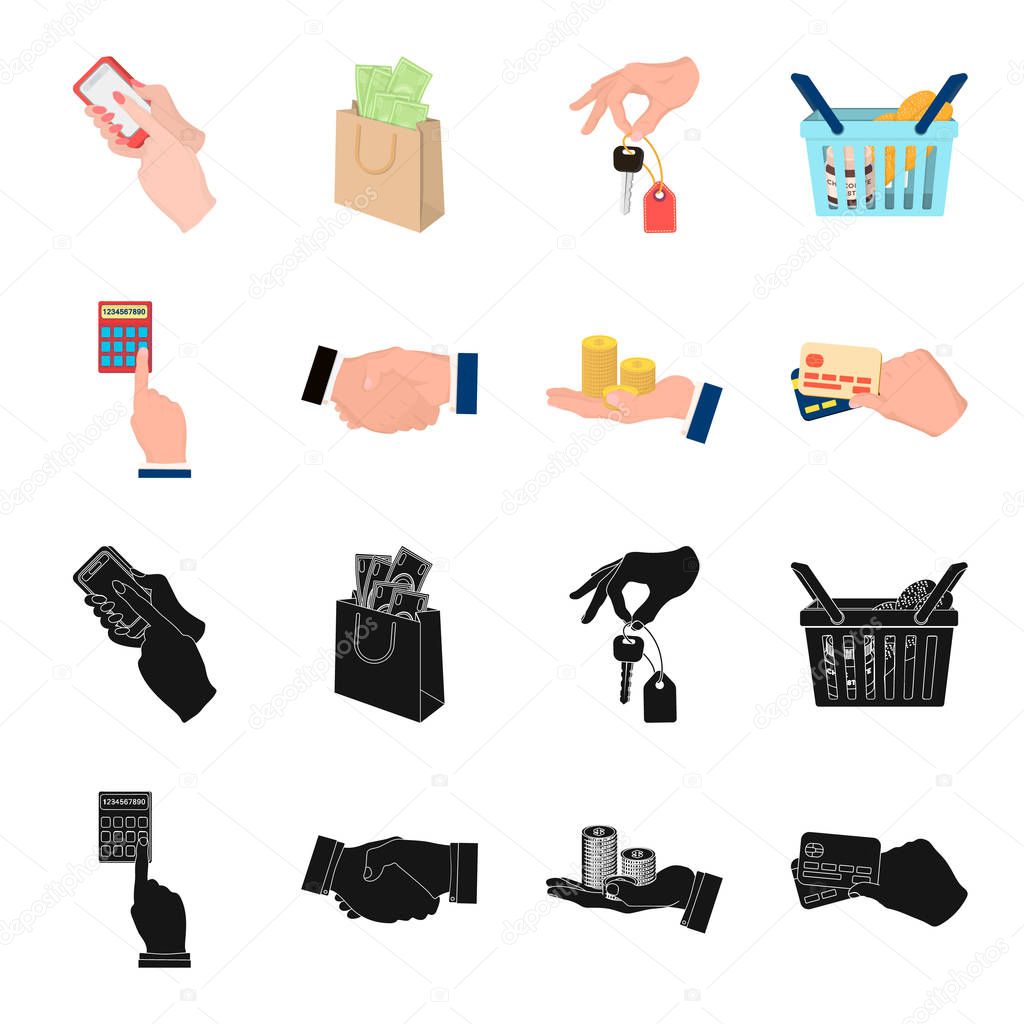 Calculator, handshake and other  icon in black,cartoon style.a stack of coins on the palm, credit cards icons in set collection.