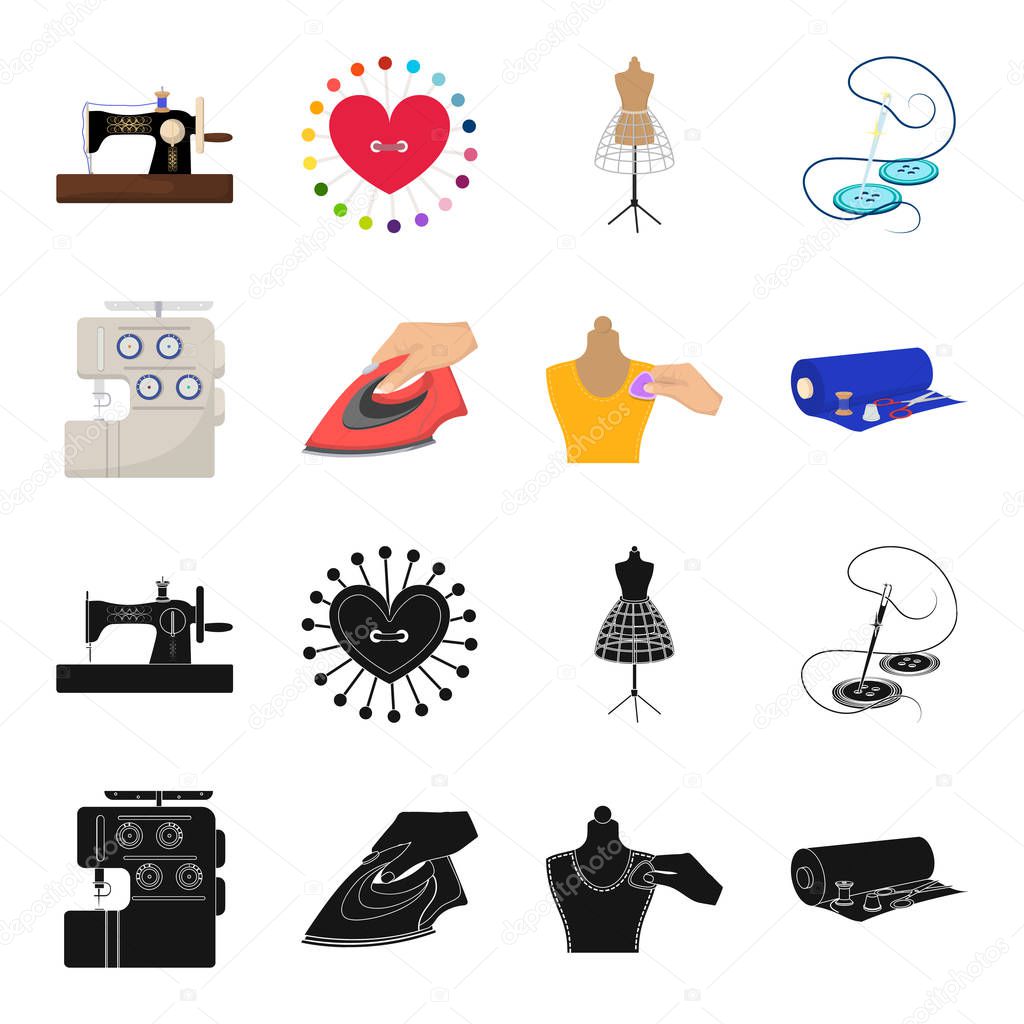 Electric sewing machine, iron for ironing, marking with chalk clothes, roll of fabric and other equipment. Sewing and equipment set collection icons in black,cartoon style vector symbol stock