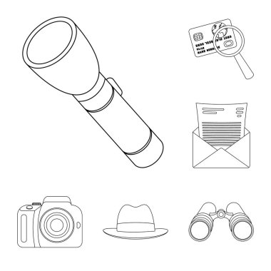 Dedektif ve öznitelikleri set koleksiyonu tasarım için simgeleri anahat. Dedektif ajansı vektör simge stok web çizim.