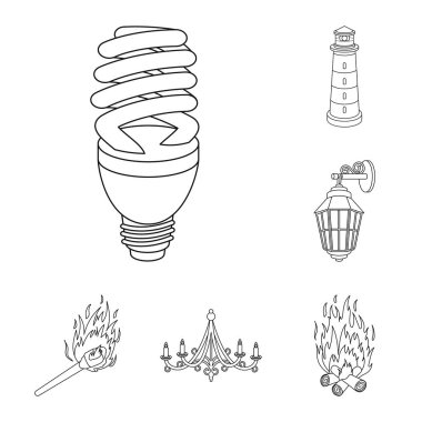 Set koleksiyonu tasarım için ışık kaynağı anahat simgeleri. Işık ve ekipman sembol stok web illüstrasyon vektör.