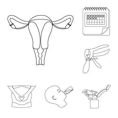 Set koleksiyonu tasarım için kadın ve gebelik anahat simgeleri. Kadın hastalıkları ve ekipman sembol stok web illüstrasyon vektör.