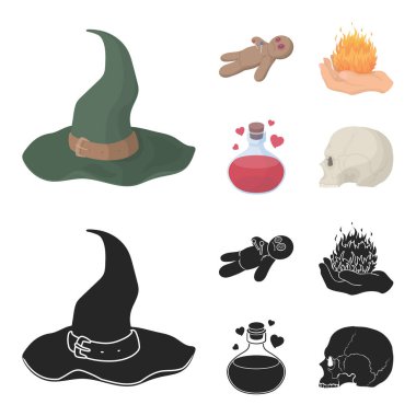 Bir vudu bebeği, büyülü bir yangın, aşk iksiri, bir kafatası. Siyah ve beyaz büyü toplama simgeler çizgi film, siyah stil vektör simge stok çizim web ayarla..