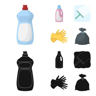 Çamaşır temizleme, cam için bir fırça, çöp ve atık için siyah bir çanta için pembe şişe, sarı eldiven için jel. Resimde çizgi film, siyah stil vektör simge stok temizleme küme toplama simgeler