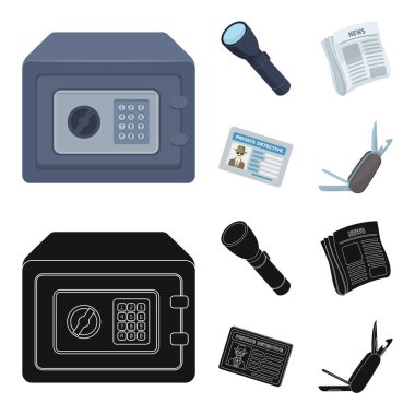 El feneri, gazete haberleri, sertifika, katlama bıçak ile. Dedektif toplama simgeler çizgi film, siyah stil vektör simge stok çizim web ayarla..