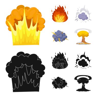 Alevi, kıvılcım, hidrojen parçaları, atom veya gaz patlaması. Patlamalar toplama simgeler çizgi film, siyah stil vektör simge stok çizim web ayarla..