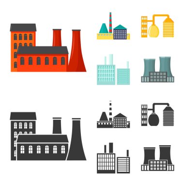 Sanayi, üretim. Fabrika toplama simgeler çizgi film, siyah stil vektör simge stok çizim web ayarla..