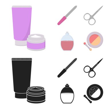 Tırnak törpüsü, makaslar, çivi, parfüm, pudra fırçası ile için. Makyaj çizgi film, siyah stil vektör simge stok çizim web simgeler ayarla.