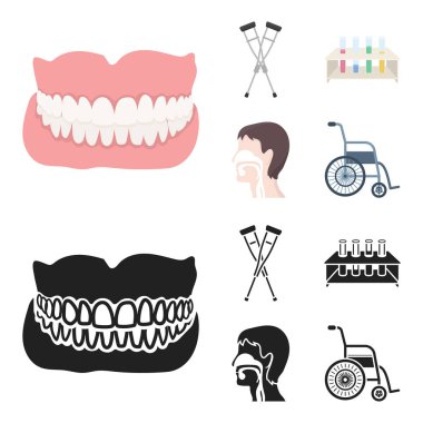 Koltuk değneği, test tüpleri, Tekerlekli sandalye, insan solunum sistemi ile tripod. İlaç toplama simgeler çizgi film, siyah stil vektör simge stok çizim web ayarla..