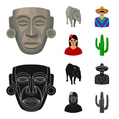 Tapir Meksika hayvan, panço, bir çiçek, bir kaktüs bir kadınla ulusal giysileri içinde bir Meksikalı. Meksika ülke toplama simgeler çizgi film, siyah stil vektör simge stok çizim web ayarla..