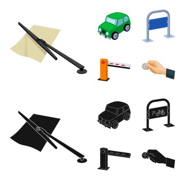 Araban, bariyer, Bisiklet park yeri, para el için ödeme Park. Buraya park edilmez toplama simgeler çizgi film, siyah stil vektör simge stok çizim web ayarla..