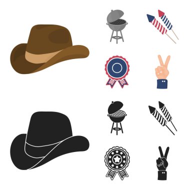 Barbekü, Selam, ebblema, zafer oylama. Vatansever gün çizgi film, siyah stil vektör simge stok çizim web simgeler ayarla.