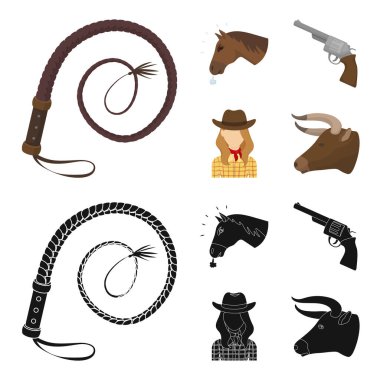 Bir at, bir boğa kafası, bir tabanca, bir kovboy kız başkanı. Rodeo toplama simgeler çizgi film, siyah stil vektör simge stok çizim web ayarla..