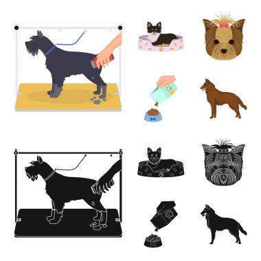 Bir tembel, bir namlu bir hayvan, bir besleme ile bir kase, çoban köpeği dişlerini bir top ile bir köpek. Evcil hayvan, köpek bakım toplama simgeler çizgi film, siyah stil vektör simge stok çizim web ayarla.