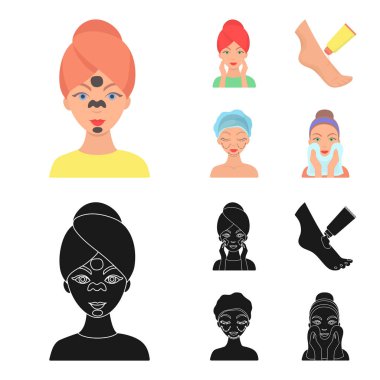 Yüz bakımı, estetik, yüz silerek, ayaklara nemlendirici. Cilt Bakımı toplama simgeler çizgi film, siyah stil vektör simge stok çizim web içinde ayarla..