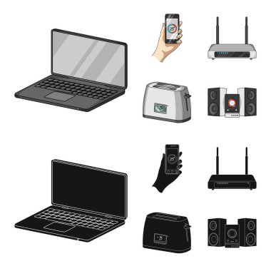 Ev aletleri ve donanımları çizgi film, set koleksiyonu tasarım için siyah simgeler. Modern ev aletleri sembol stok web illüstrasyon vektör.