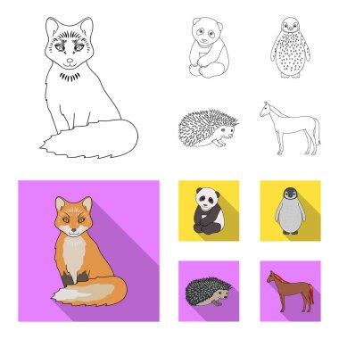 Fox, panda, kirpi, penguen ve diğer hayvanlar. Hayvan toplama simgeler anahat, düz stil vektör simge stok çizim web ayarla..