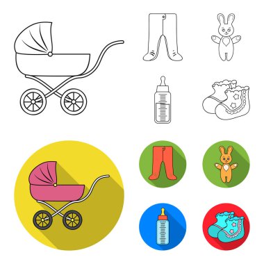 Bebek arabası, şişe bir emzik, oyuncak, sürgü ile. Bebek set simgeler anahat, düz stil vektör simge stok çizim web tarihi..