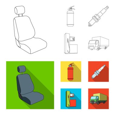 Koltuk başlığına takılan mikrofonlu, yangın söndürücü, araba mum, benzin istasyonu, araba ile küme toplama simgeler anahat, düz stil vektör simge stok çizim web sandalye.