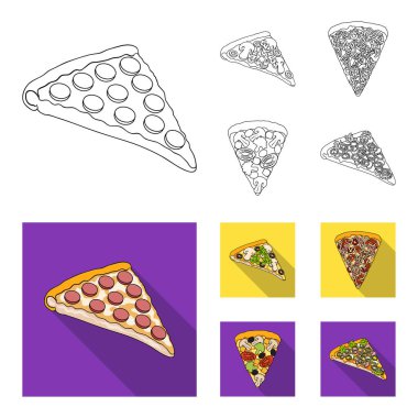 Bir dilim pizza farklı malzemelerle. Anahat, düz stil vektör simge stok çizim web simgeler farklı pizza ayarla.