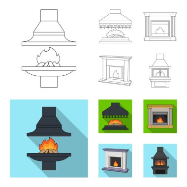 Yangın, sıcaklık ve konfor. Şömine toplama simgeler anahat, düz stil vektör simge stok çizim web ayarla..