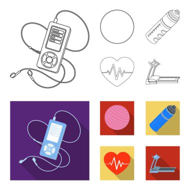 Oyuncu, bir şişe su ve diğer ekipman eğitim için. Spor ve egzersiz anahat, düz stil vektör simge stok çizim web simgeler ayarla.