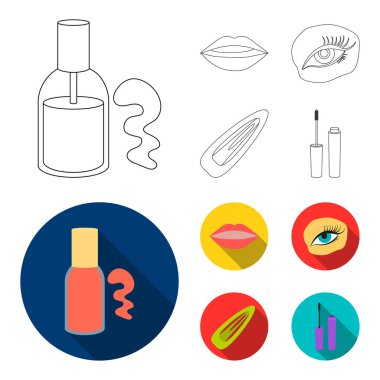 Tırnak Lehçe, renkli kirpikler, dudaklarla ruj, saç tokası. Makyaj koleksiyonu simgeleri anahat, düz stil vektör simge stok çizim web ayarlamak..