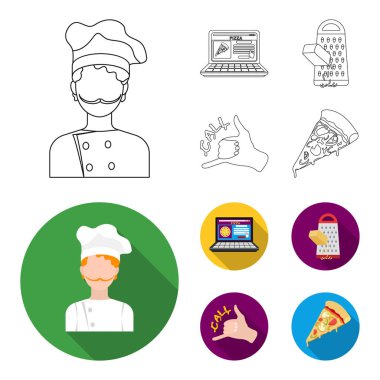 Yemek, telefonla, rendelenmiş peynir, bir yüz jest sipariş sipariş. Pizza ve pizza anahat, düz stil vektör simge stok çizim web simgeler ayarla.
