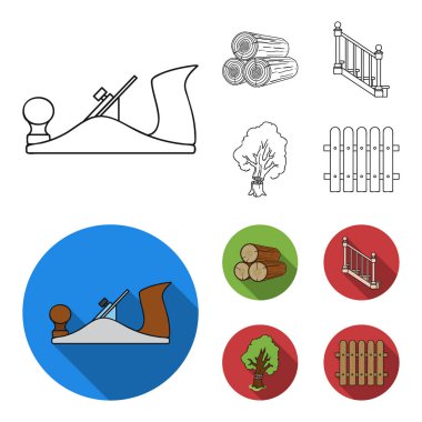 Bir yığın, uçak, ağaç, Merdiven küpeşte ile açar. Kereste ve ahşap anahat, düz stil vektör simge stok çizim web simgeler ayarla.